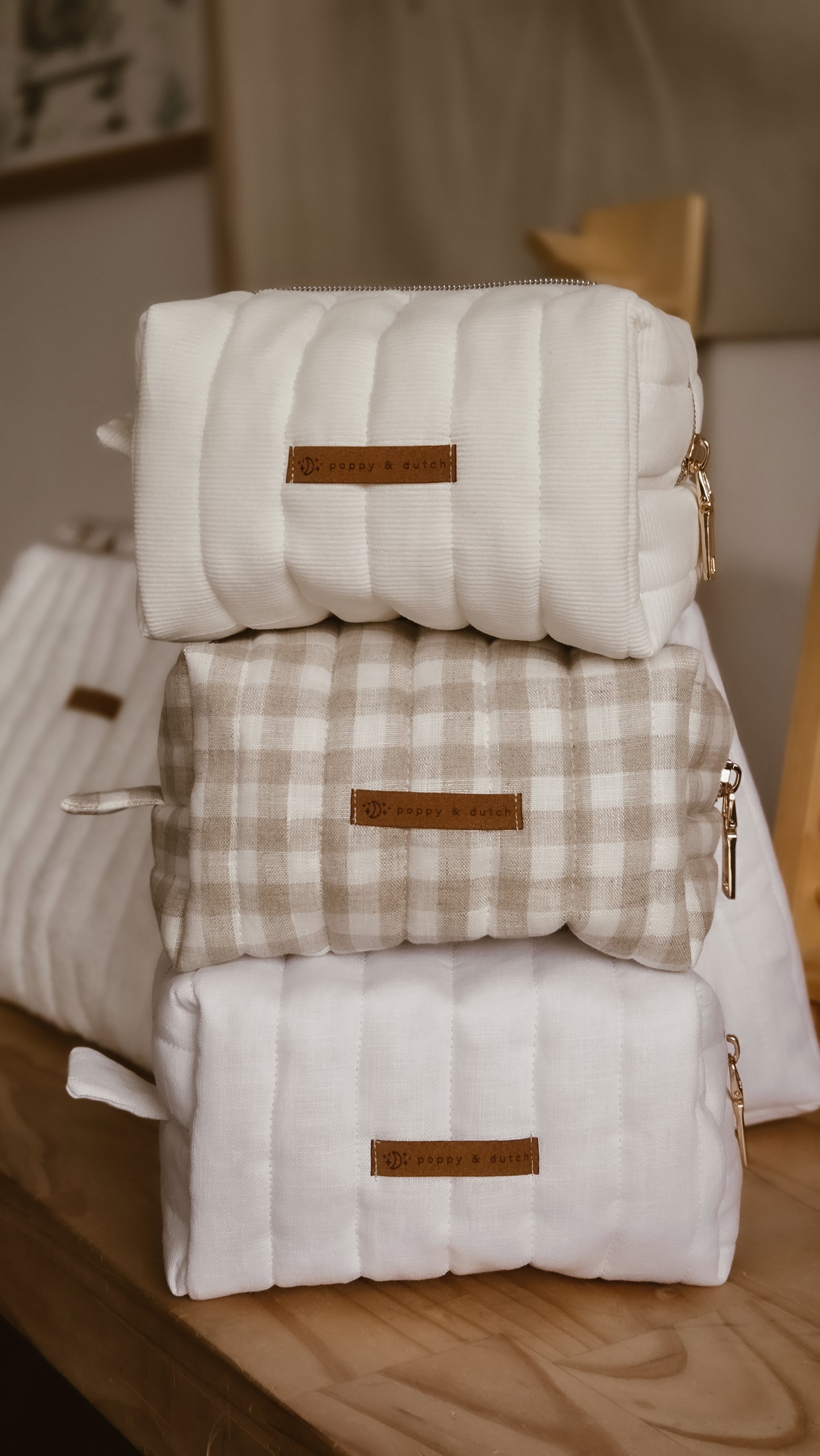White linen Boxy Zipper Bag – Mini Nappy Bag, Makeup & Travel Pouch with Inner Pocket | Coffee & Cream Collection