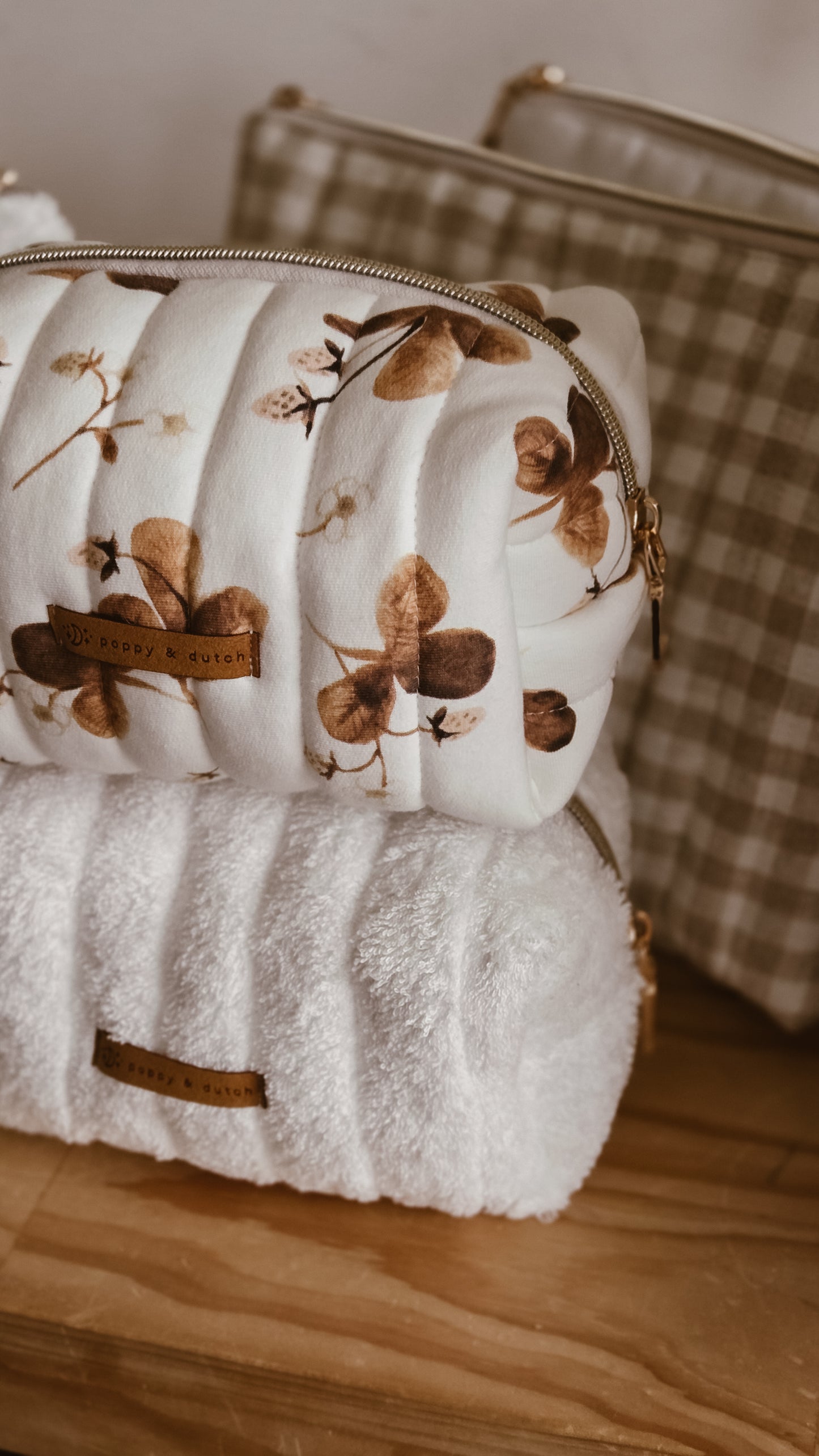 White terry Boxy Zipper Bag – Mini Nappy Bag, Makeup & Travel Pouch with Inner Pocket | Coffee & Cream Collection