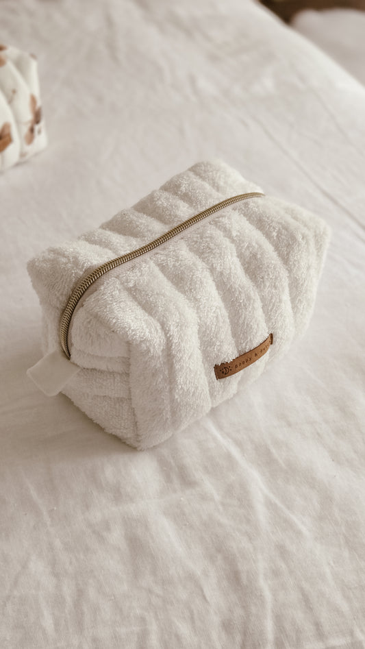 White terry Boxy Zipper Bag – Mini Nappy Bag, Makeup & Travel Pouch with Inner Pocket | Coffee & Cream Collection