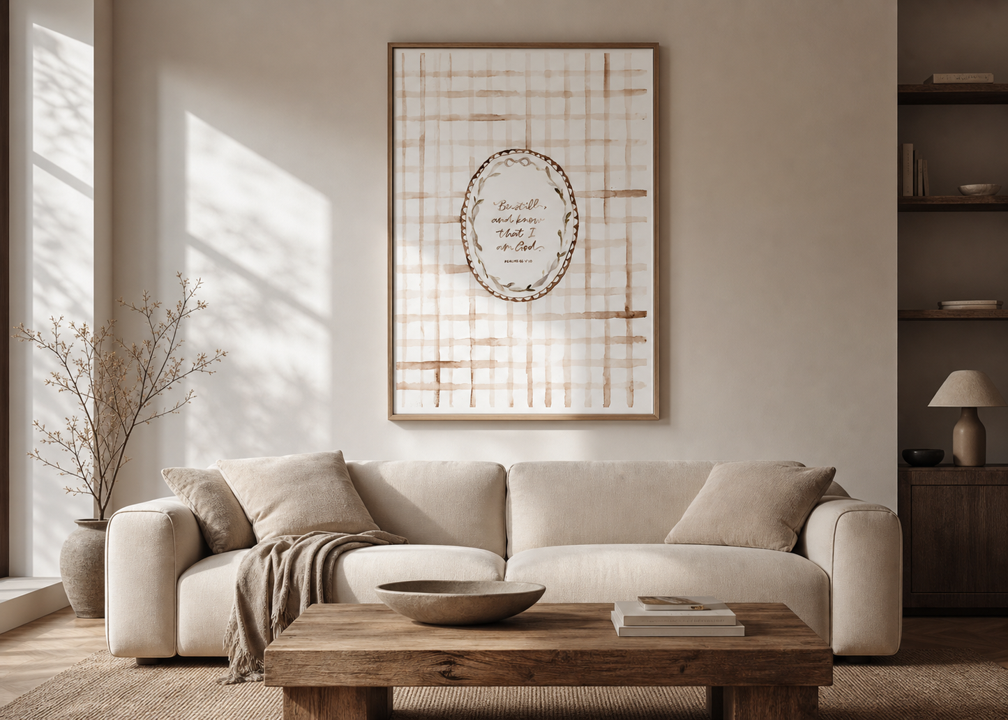 Psalms 46:10 Be Still and Know Fine Art Print – Warm Neutral Gingham Watercolor