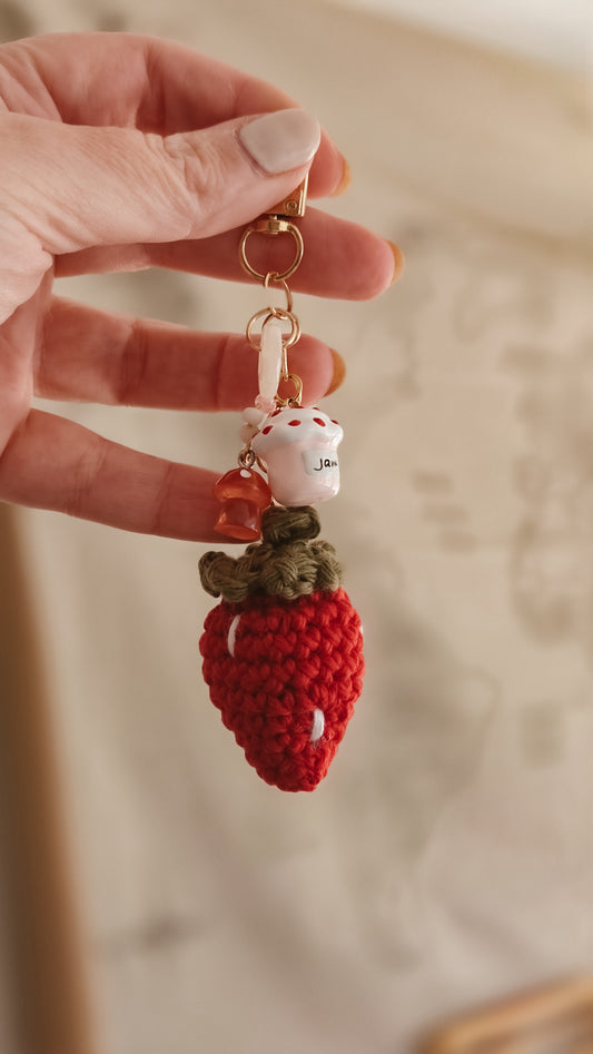 Handmade Crochet Strawberry Jam Keychain