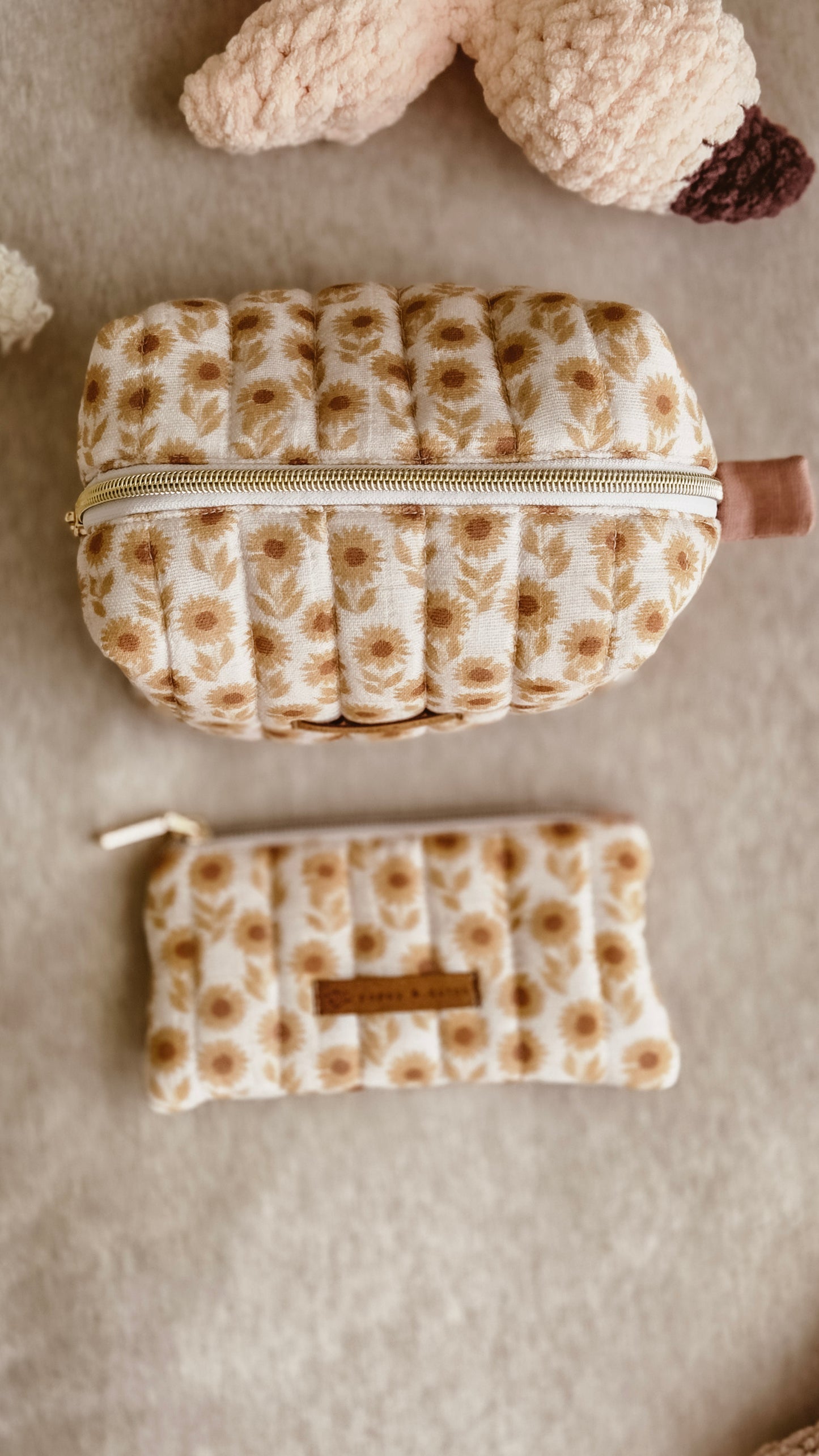 Brown Sunflower Boxy Zipper Bag – Mini Nappy Bag, Makeup & Travel Pouch with Inner Pocket