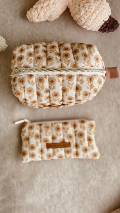 Brown Sunflower Boxy Zipper Bag – Mini Nappy Bag, Makeup & Travel Pouch with Inner Pocket