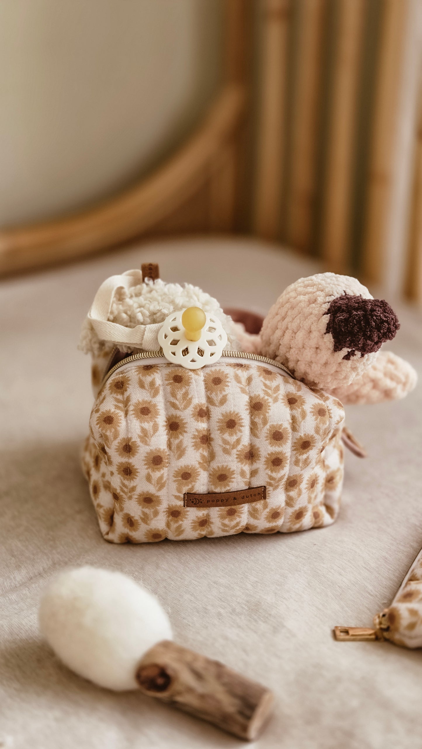 Brown Sunflower Boxy Zipper Bag – Mini Nappy Bag, Makeup & Travel Pouch with Inner Pocket
