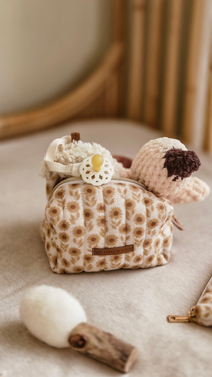 Brown Sunflower Boxy Zipper Bag – Mini Nappy Bag, Makeup & Travel Pouch with Inner Pocket