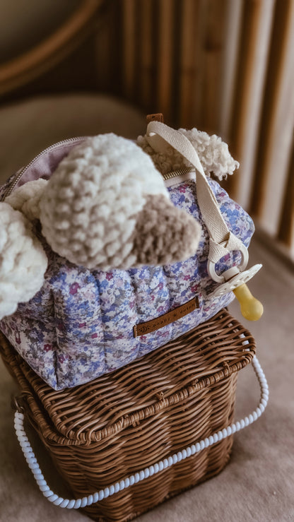 Lilac Floral Quilted Boxy Zipper Bag – Mini Nappy Bag, Makeup & Travel Pouch with Inner Pocket