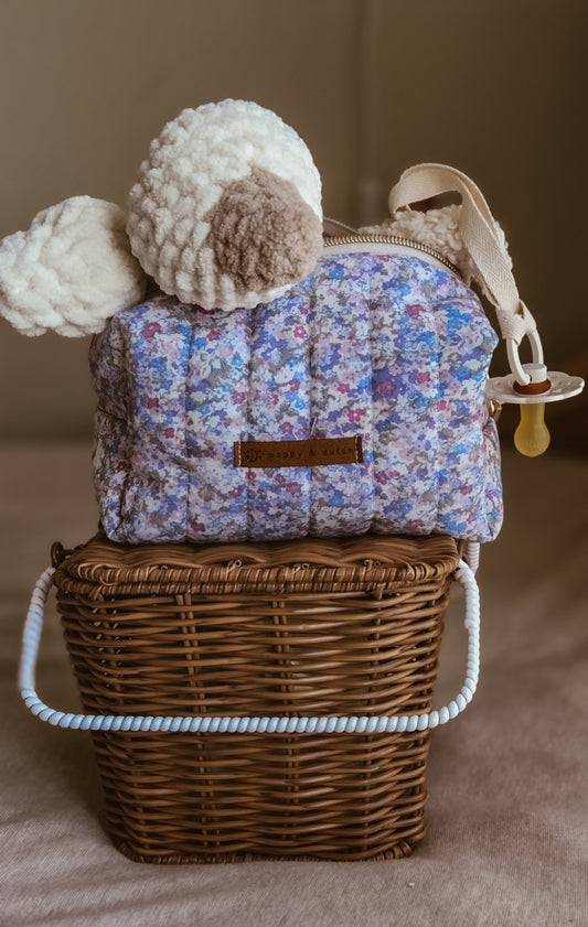 Lilac Floral Quilted Boxy Zipper Bag – Mini Nappy Bag, Makeup & Travel Pouch with Inner Pocket