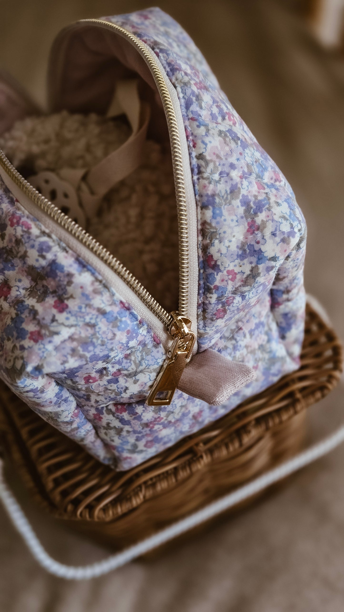 Lilac Floral Quilted Boxy Zipper Bag – Mini Nappy Bag, Makeup & Travel Pouch with Inner Pocket