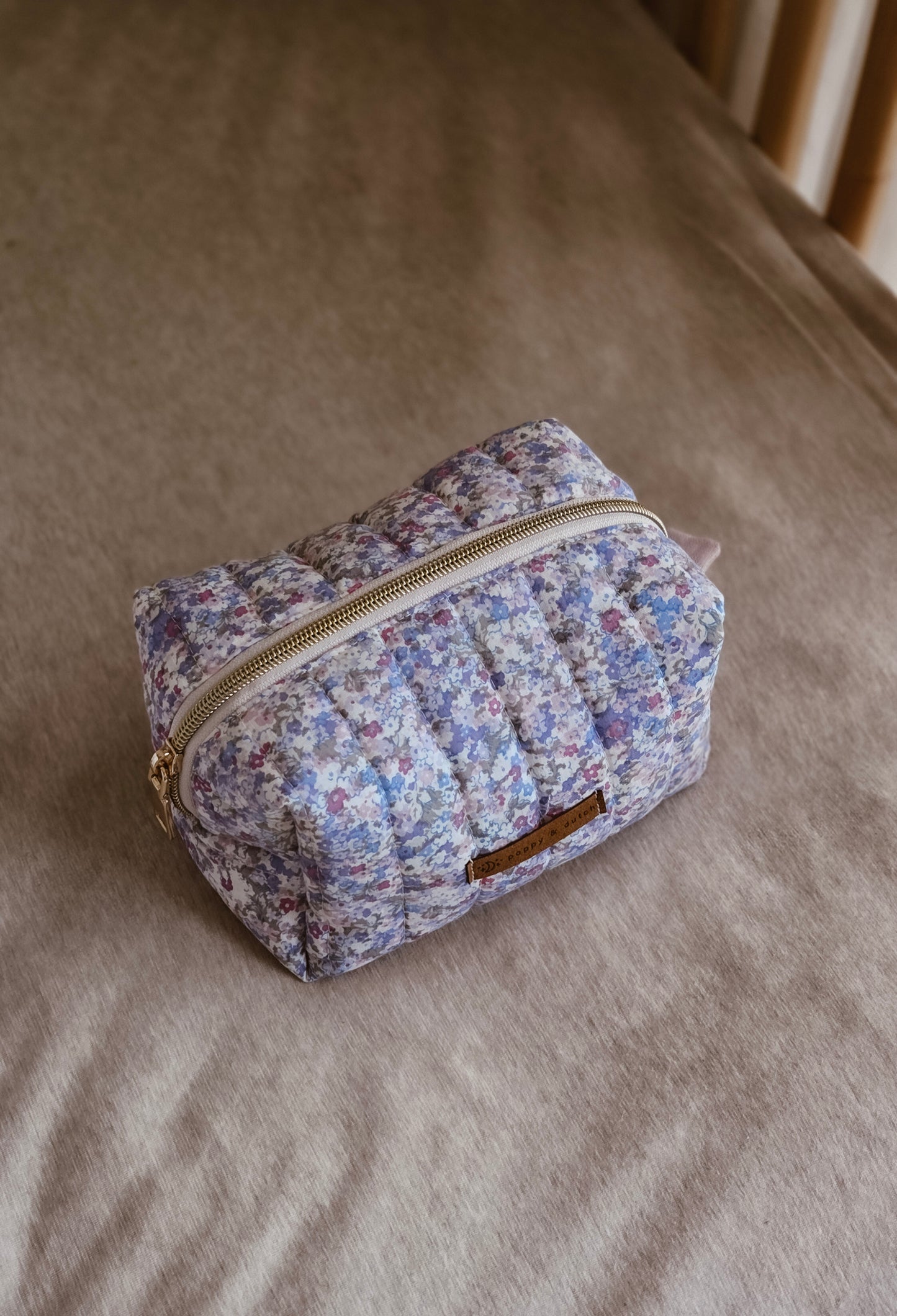 Lilac Floral Quilted Boxy Zipper Bag – Mini Nappy Bag, Makeup & Travel Pouch with Inner Pocket