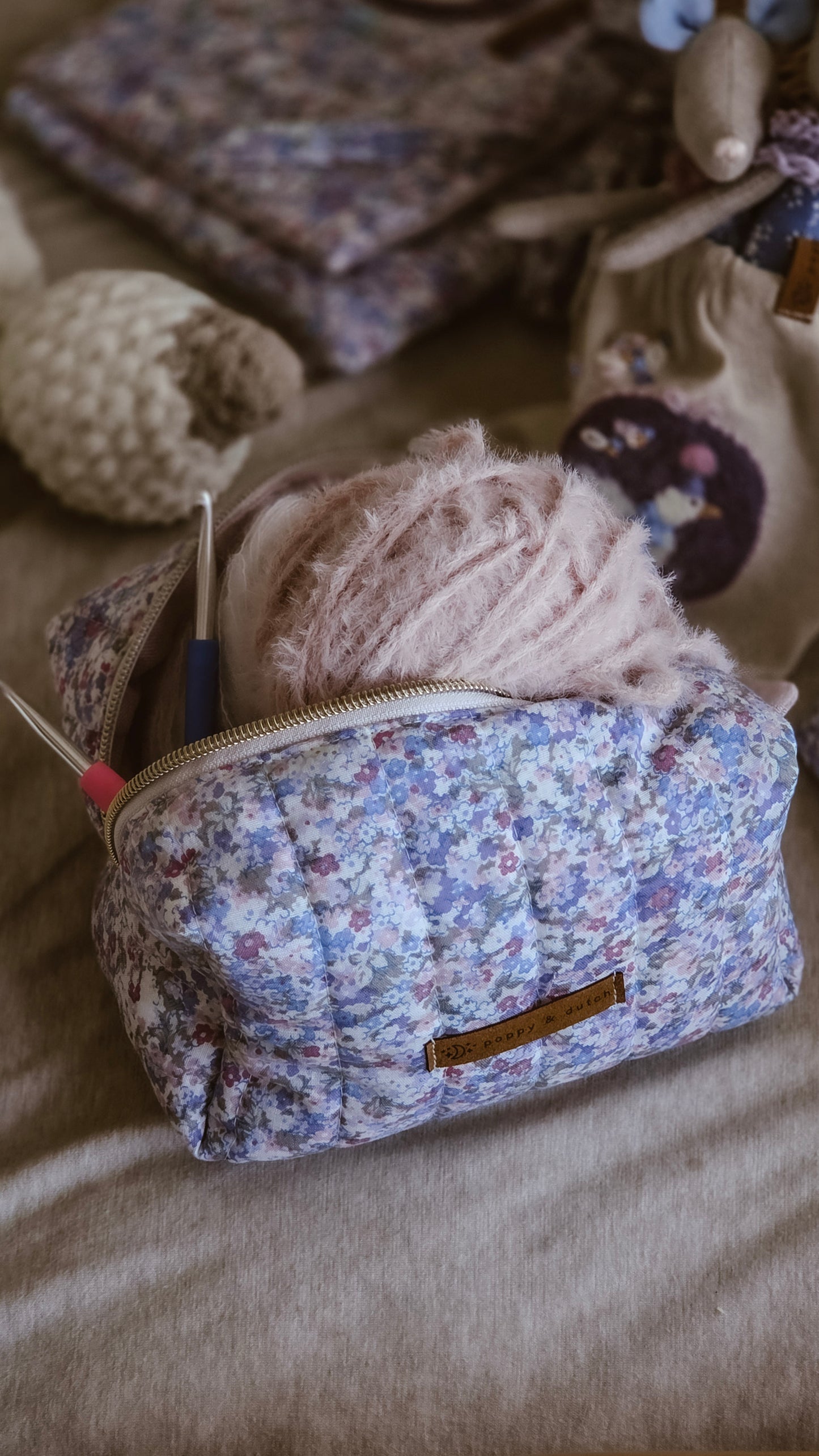 Lilac Floral Quilted Boxy Zipper Bag – Mini Nappy Bag, Makeup & Travel Pouch with Inner Pocket