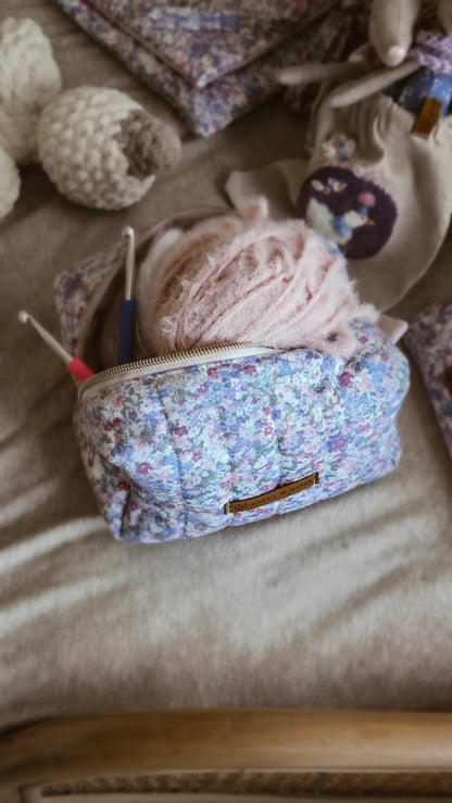 Lilac Floral Quilted Boxy Zipper Bag – Mini Nappy Bag, Makeup & Travel Pouch with Inner Pocket