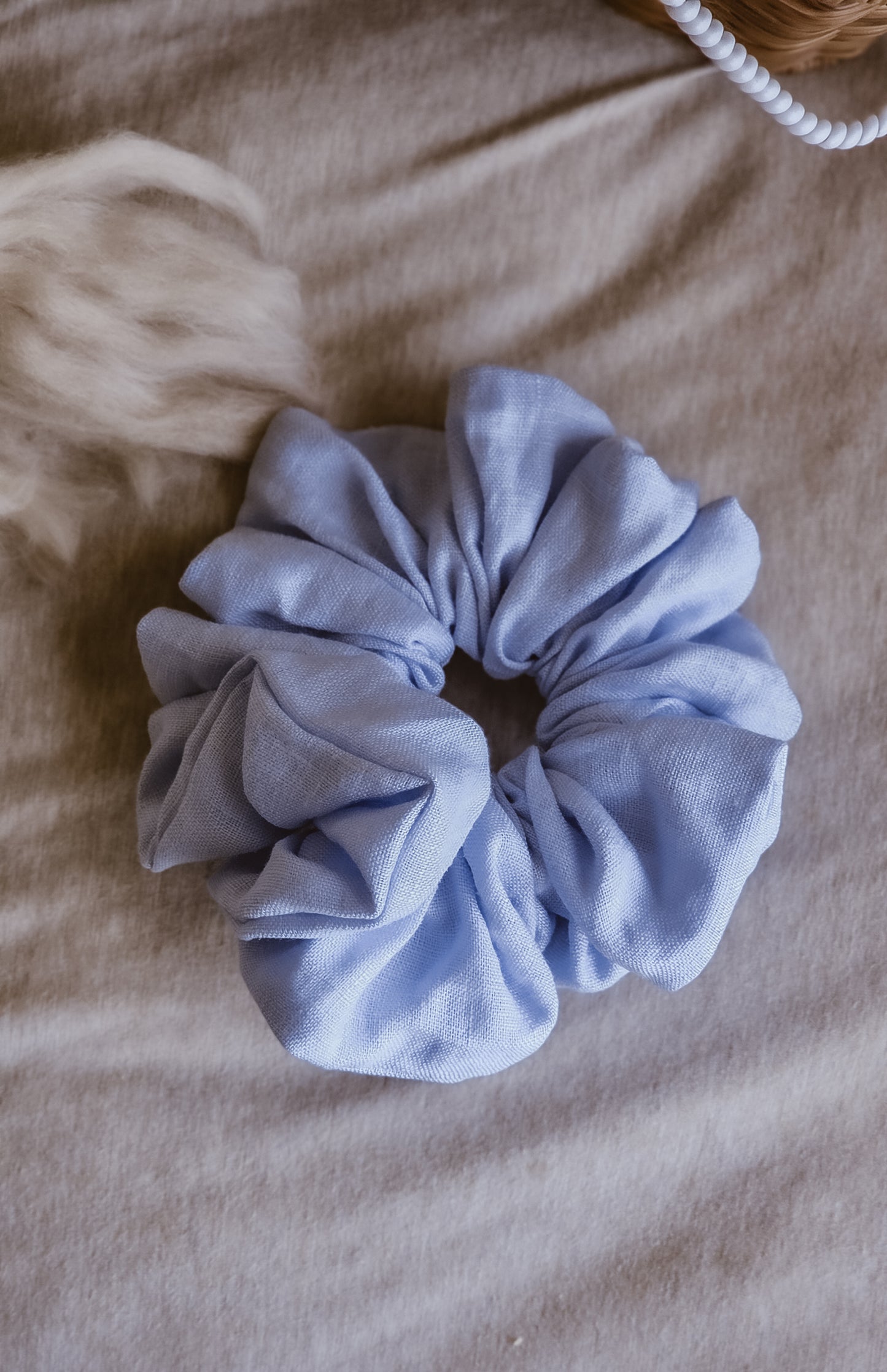 XLarge Handmade Scrunchie – Strawberry Milk Collection - Light Blue Linen