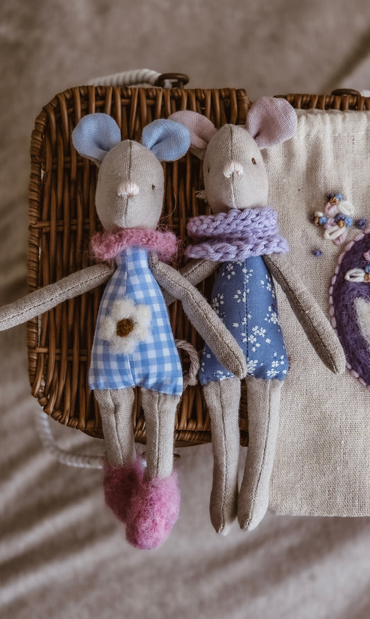 Handmade Linen Mice set – Pip & Clover – Heirloom Soft Toy Set