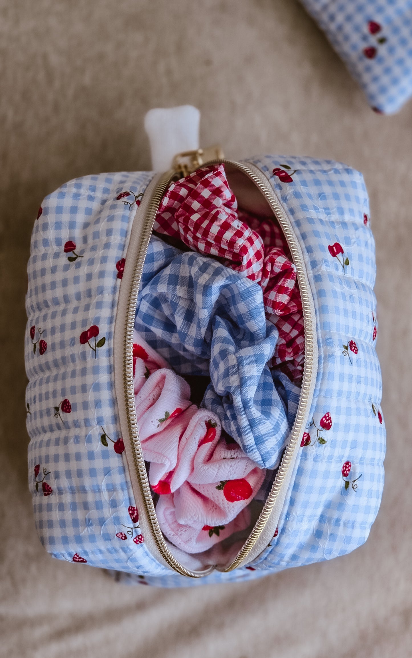 XLarge Handmade Scrunchie – Strawberry Milk Collection - Blue Gingham