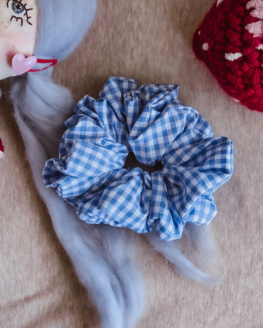 XLarge Handmade Scrunchie – Strawberry Milk Collection - Blue Gingham
