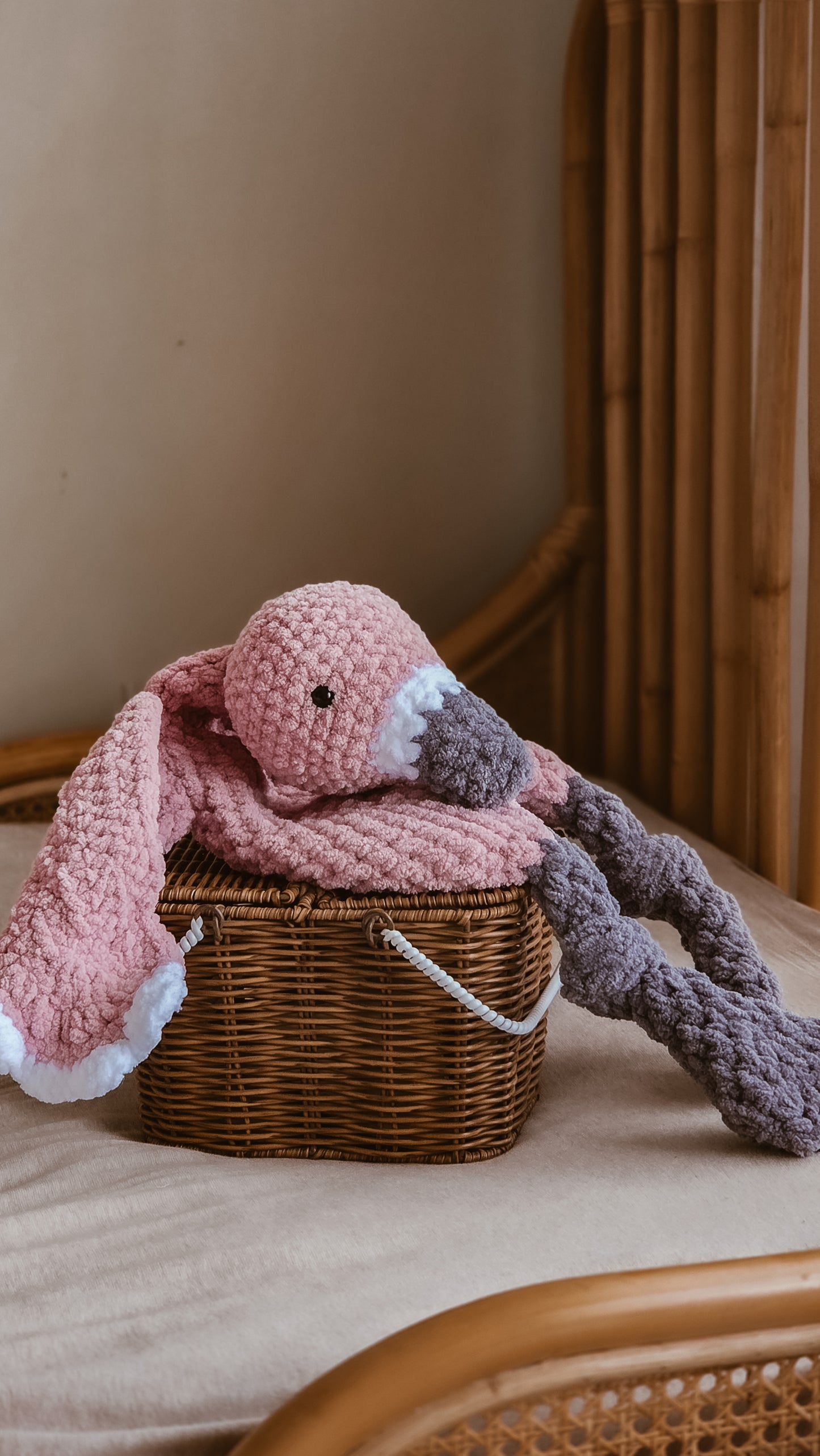 Handmade Crochet Freya Flamingo Knotted Lovey – Xlarge - Pink and Grey