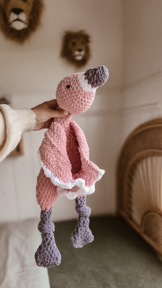 Handmade Crochet Freya Flamingo Knotted Lovey – Xlarge - Pink and Grey