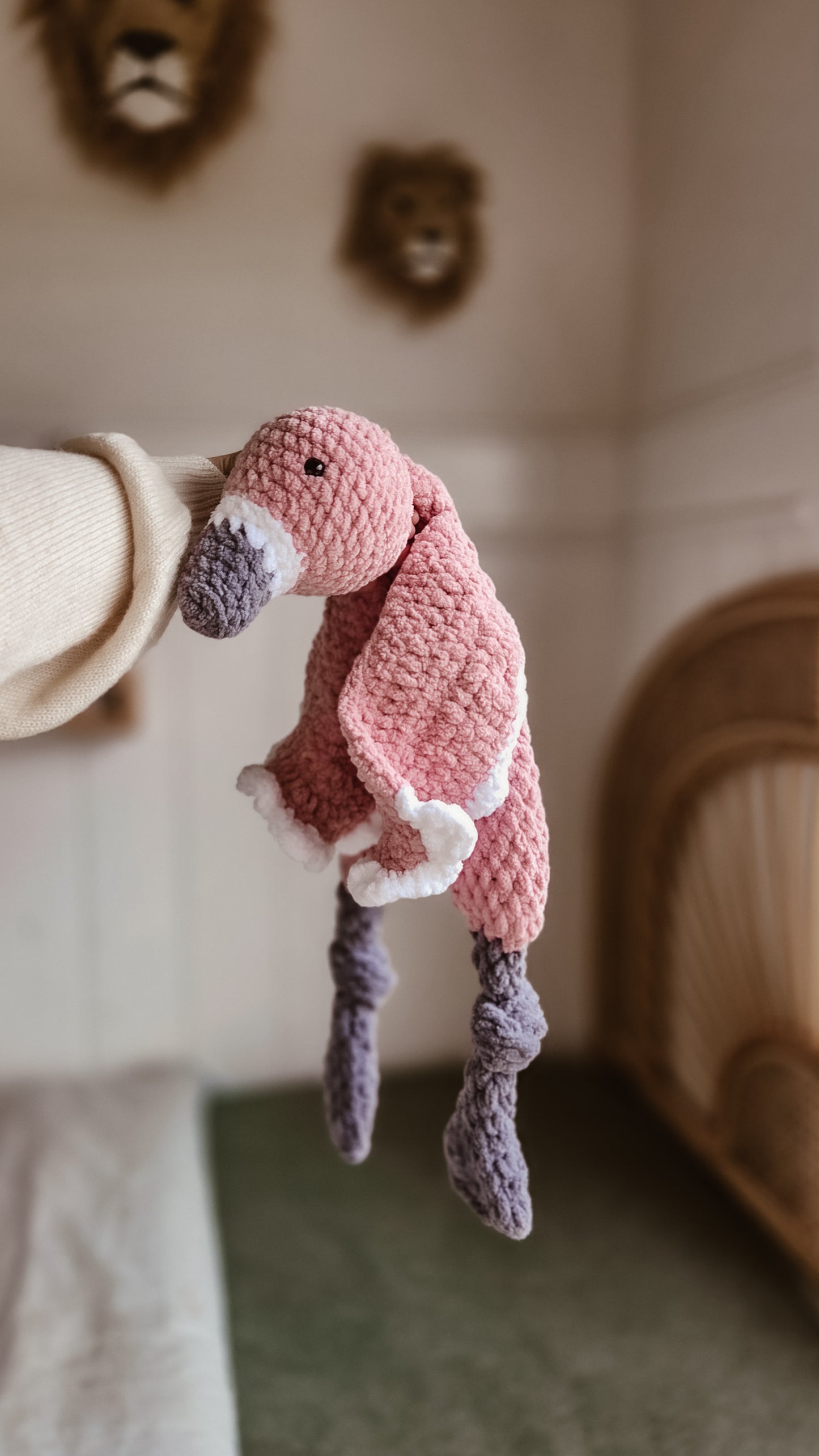 Handmade Crochet Freya Flamingo Knotted Lovey – Xlarge - Pink and Grey