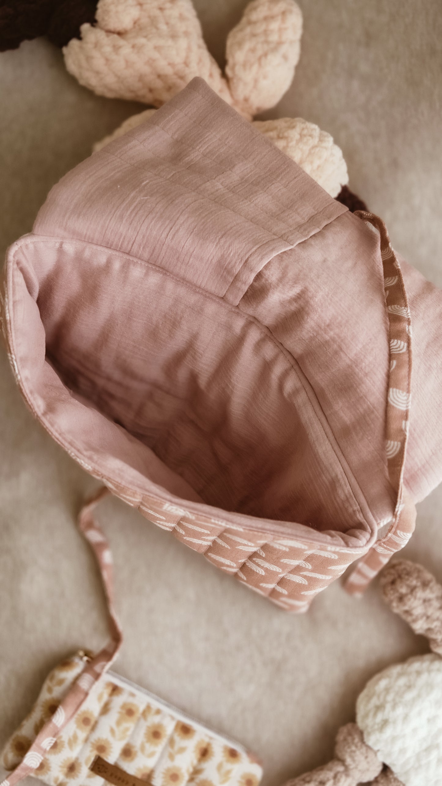 Rainbows and sunshine Quilted Book Sleeve –  Dusty pink