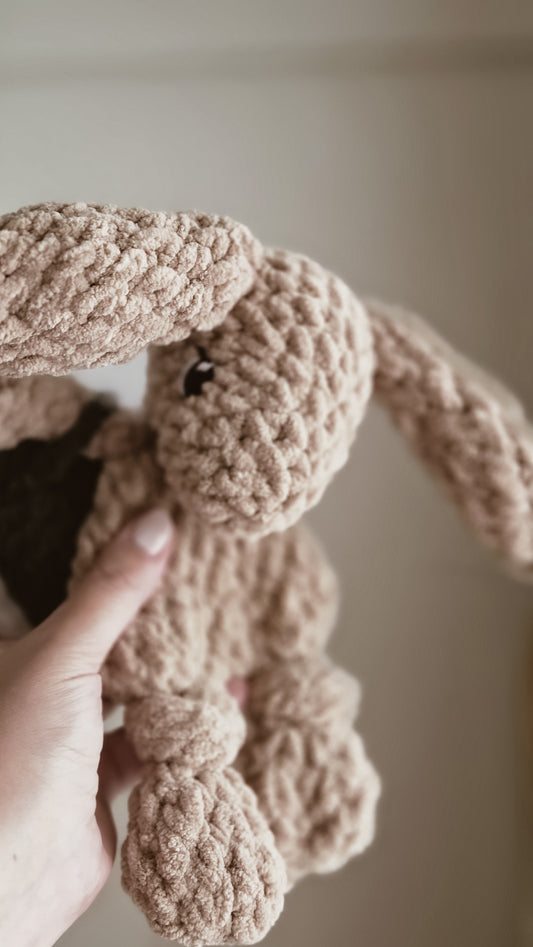 Handmade Crochet Bella Bunny Knotted Lovey – Small - Beige with flower backpack