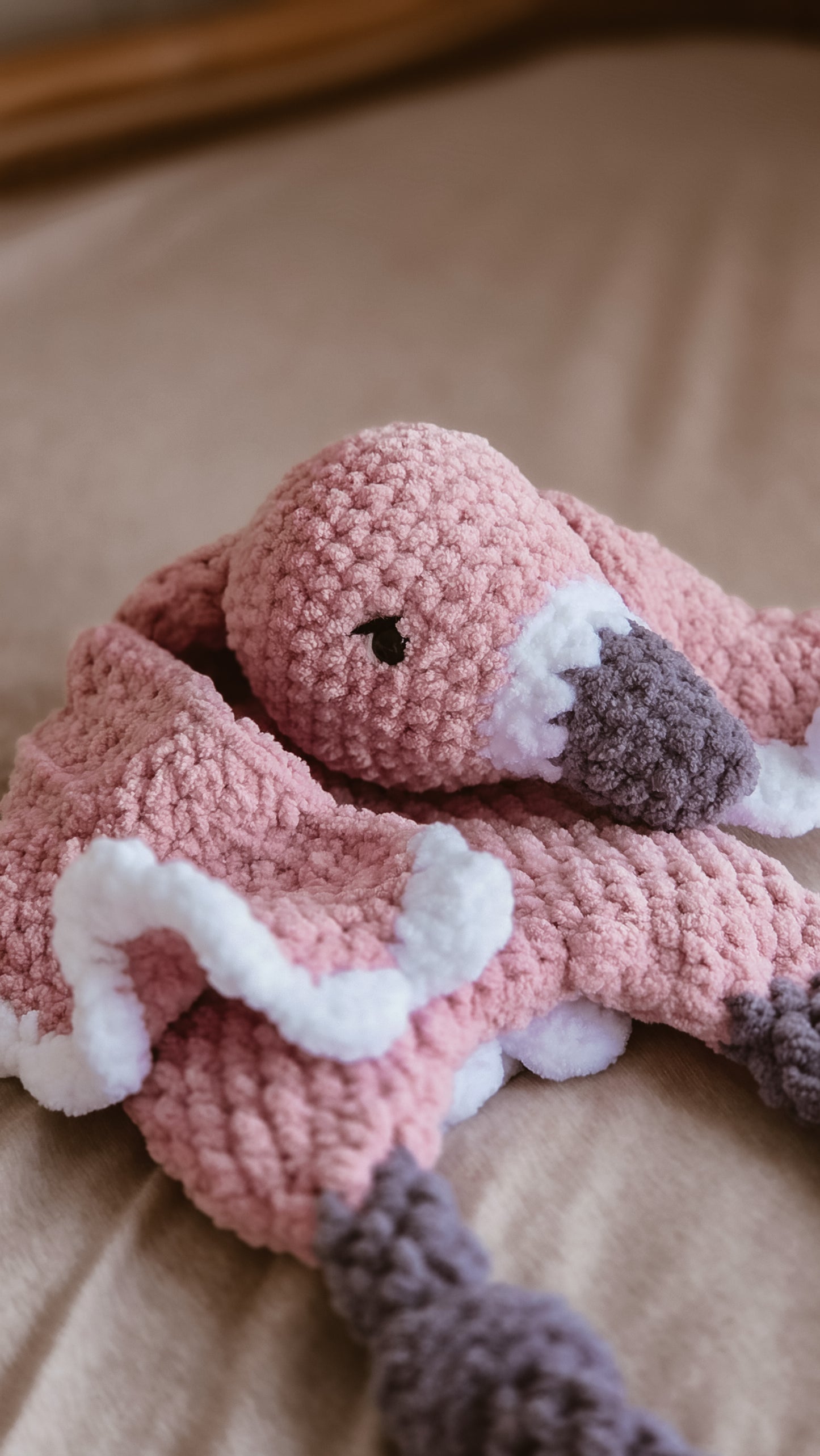 Handmade Crochet Freya Flamingo Knotted Lovey – Xlarge - Pink and Grey