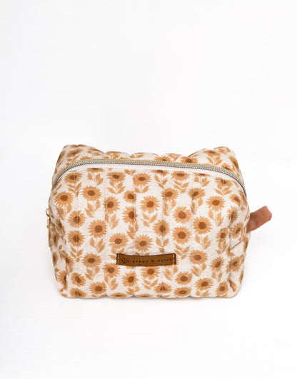 Brown Sunflower Boxy Zipper Bag – Mini Nappy Bag, Makeup & Travel Pouch with Inner Pocket