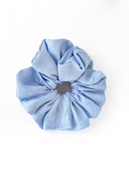 XLarge Handmade Scrunchie – Strawberry Milk Collection - Light Blue Linen