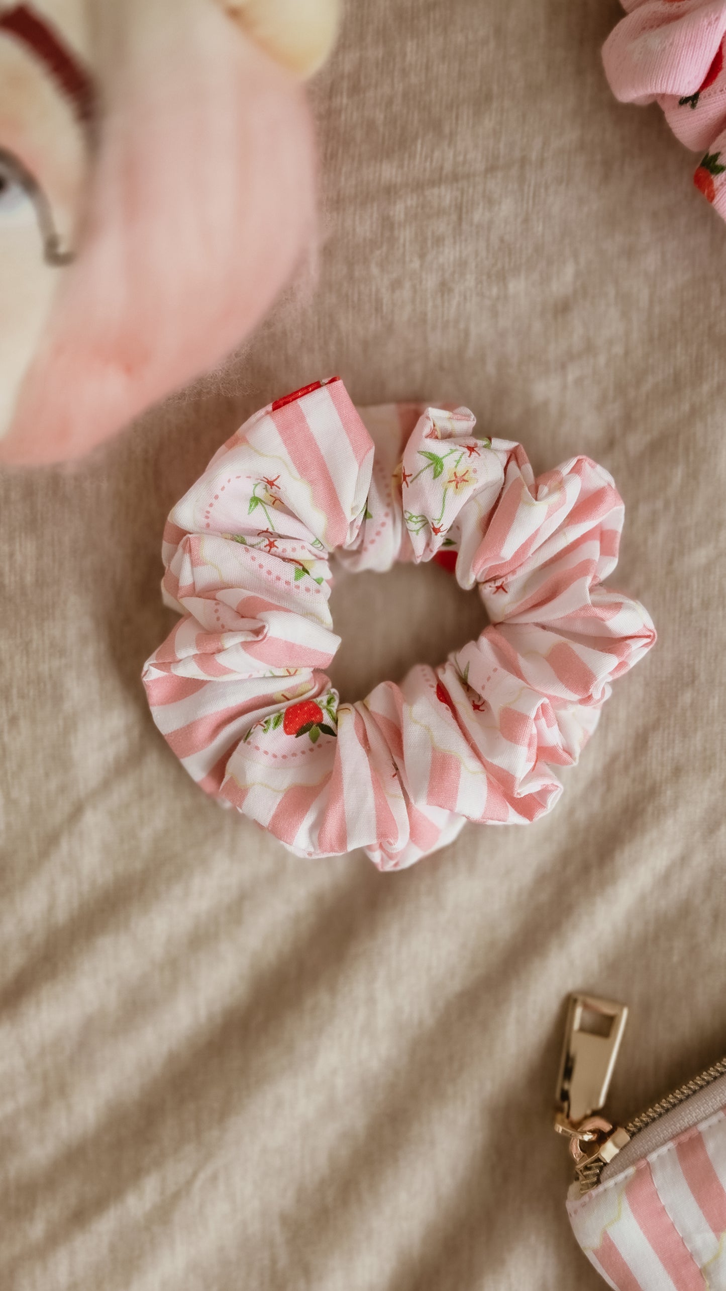 Medium Handmade Scrunchie – Strawberry Jam Collection - Pink Stripe