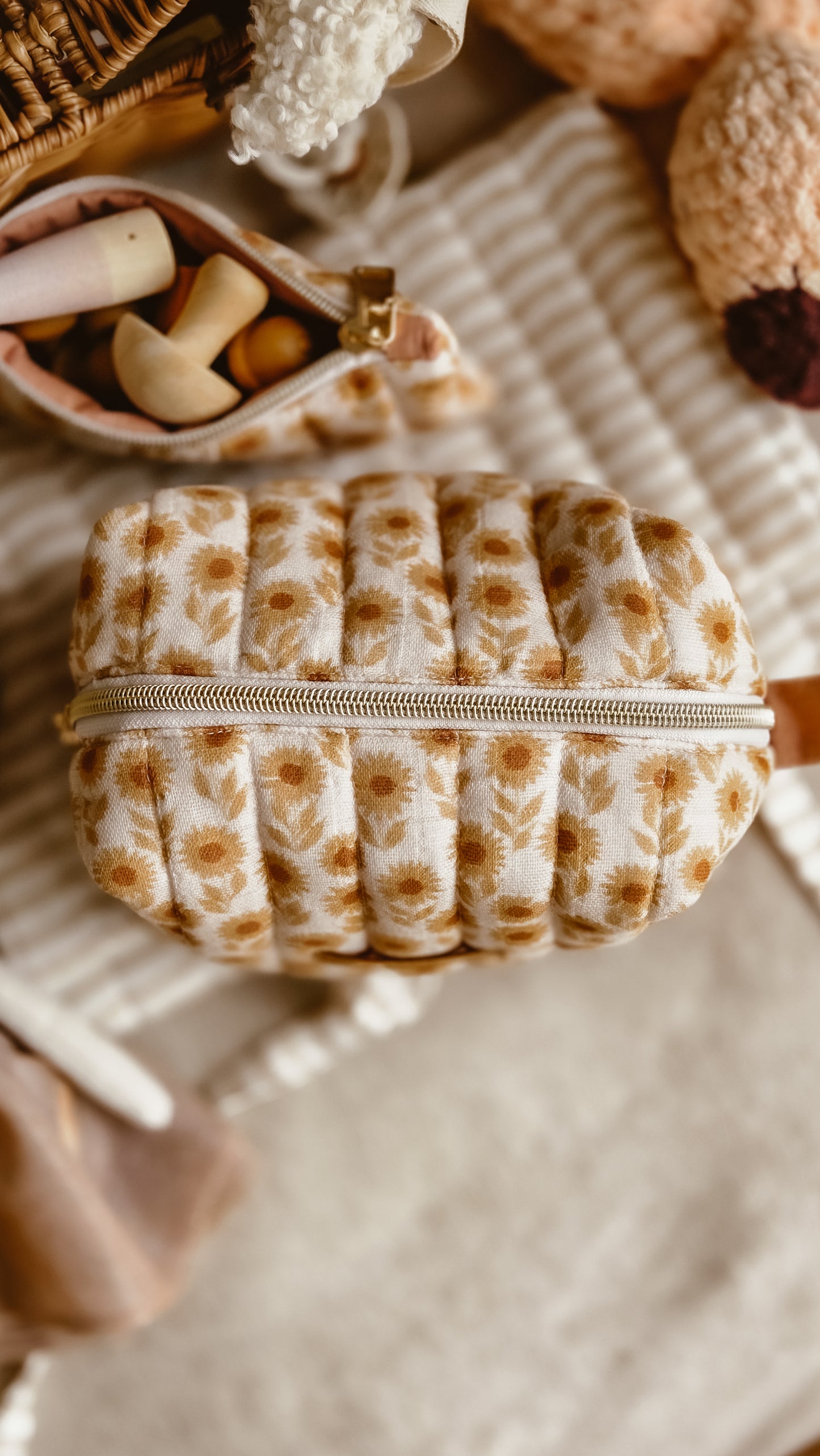 Brown Sunflower Boxy Zipper Bag – Mini Nappy Bag, Makeup & Travel Pouch with Inner Pocket