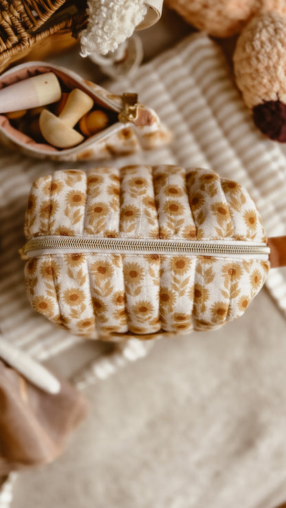 Brown Sunflower Boxy Zipper Bag – Mini Nappy Bag, Makeup & Travel Pouch with Inner Pocket
