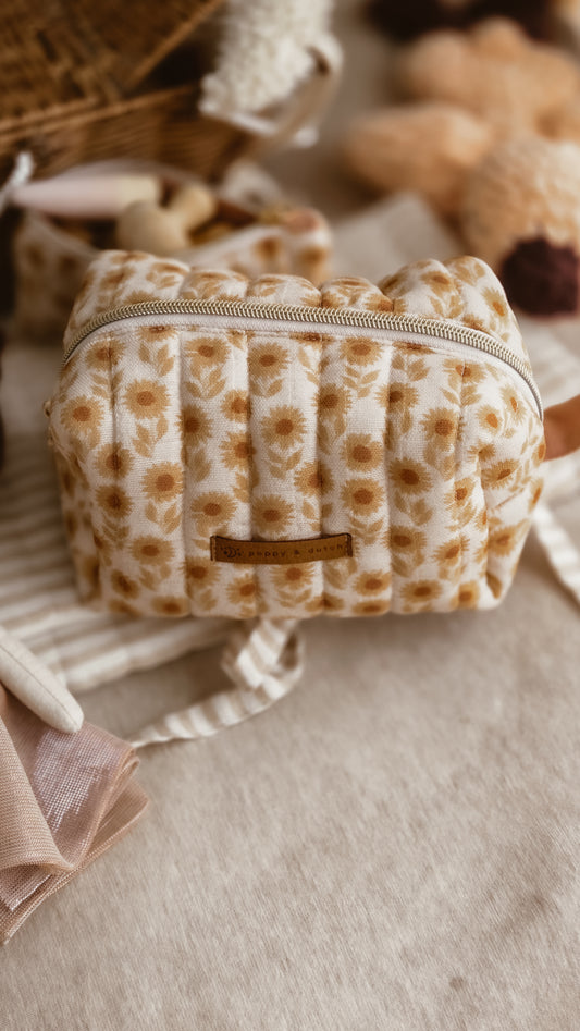Brown Sunflower Boxy Zipper Bag – Mini Nappy Bag, Makeup & Travel Pouch with Inner Pocket