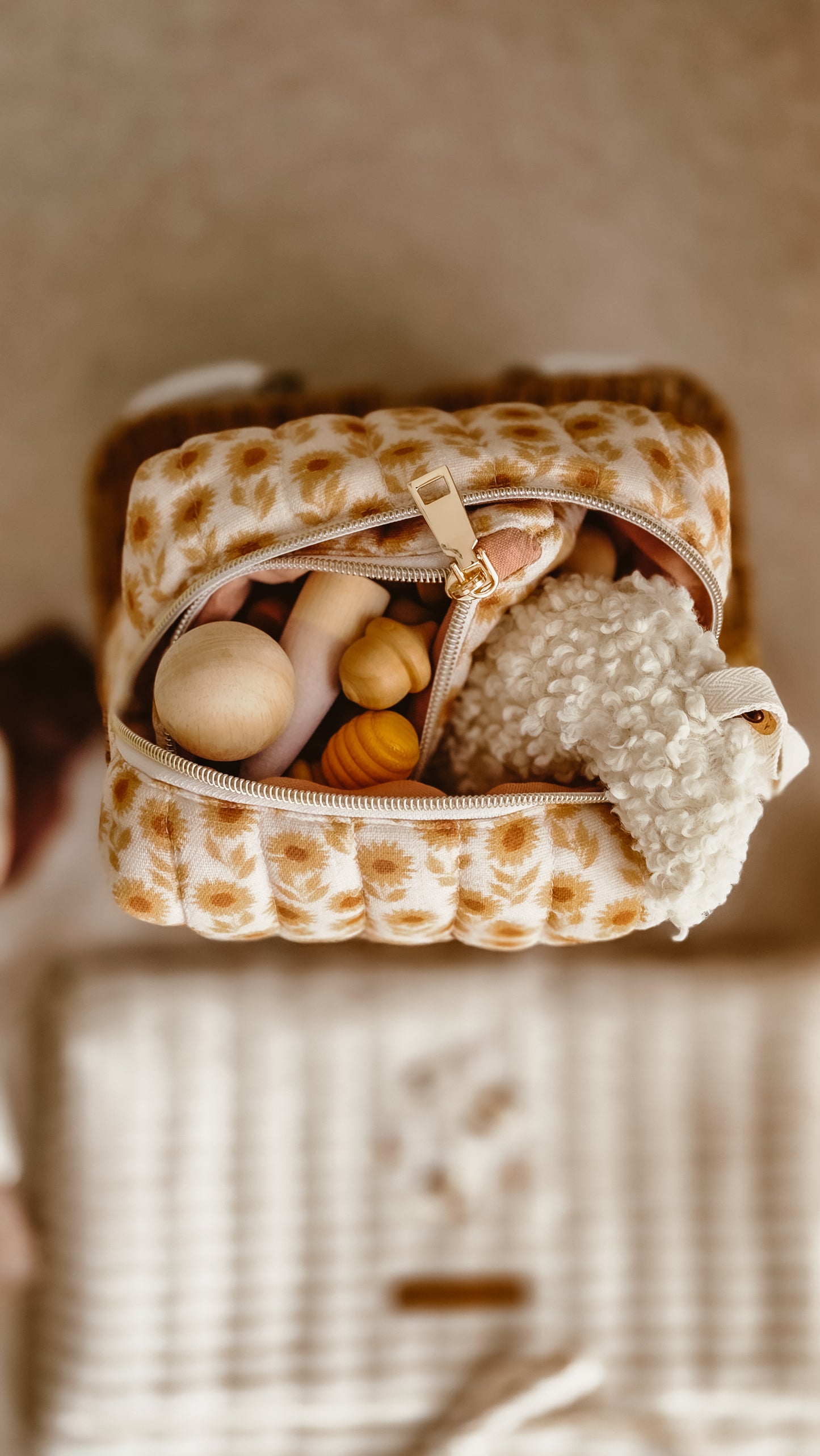 Brown Sunflower Boxy Zipper Bag – Mini Nappy Bag, Makeup & Travel Pouch with Inner Pocket