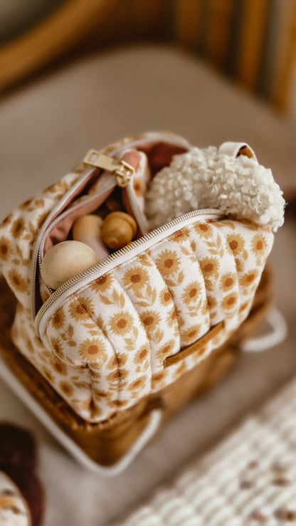 Brown Sunflower Boxy Zipper Bag – Mini Nappy Bag, Makeup & Travel Pouch with Inner Pocket