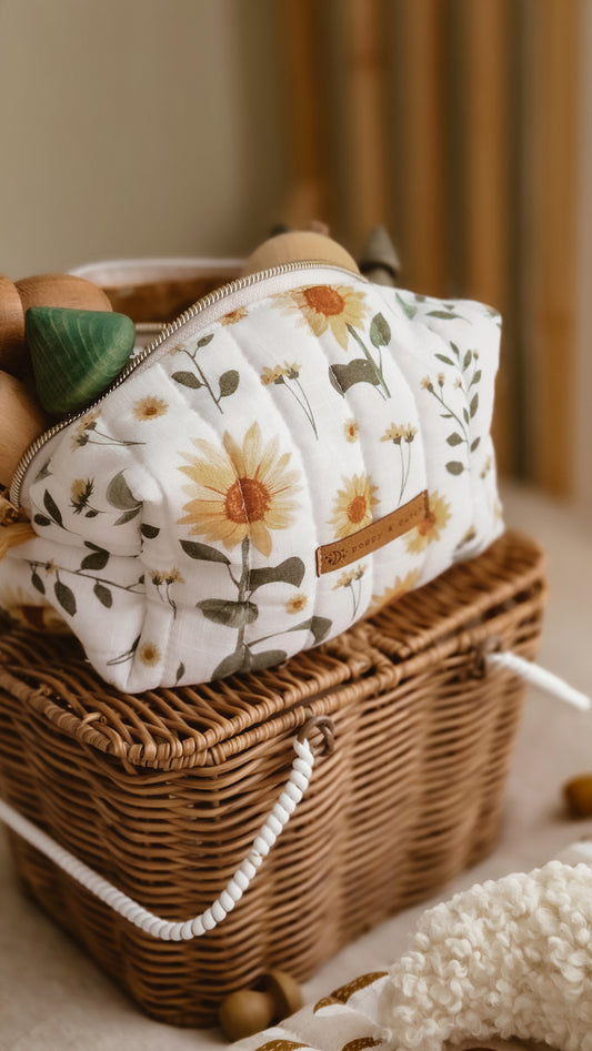 Sunflower Boxy Zipper Bag – Mini Nappy Bag, Makeup & Travel Pouch with Inner Pocket