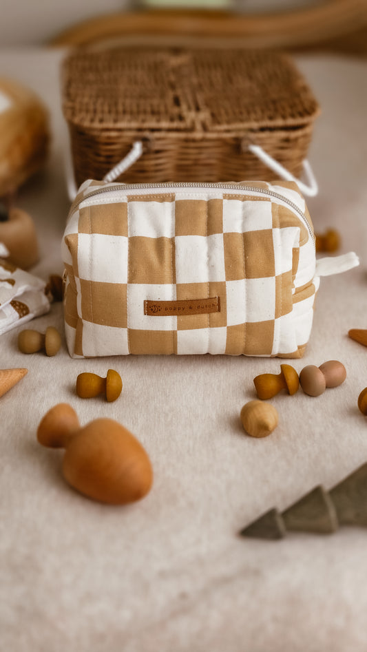 Checker Boxy Zipper Bag – Mini Nappy Bag, Makeup & Travel Pouch with Inner Pocket