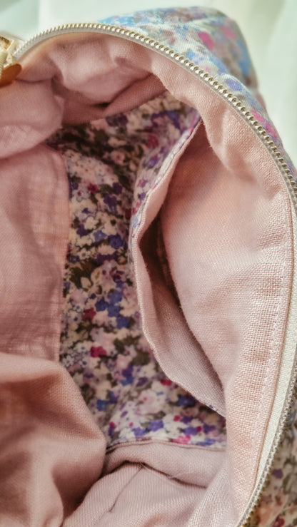 Lilac Floral Quilted Boxy Zipper Bag – Mini Nappy Bag, Makeup & Travel Pouch with Inner Pocket
