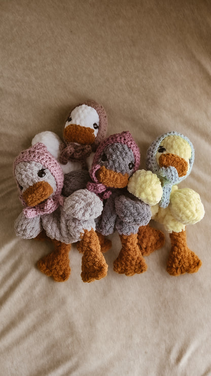 Handmade Crochet dark blue grey duck with purple bonnet plushie | Periwinkle Picnic