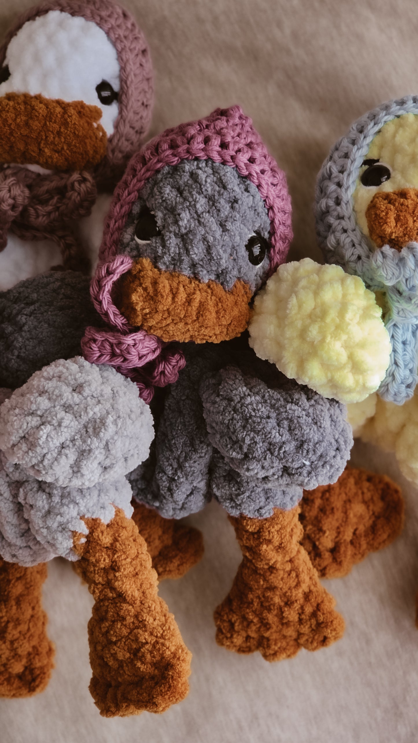 Handmade Crochet dark blue grey duck with purple bonnet plushie | Periwinkle Picnic
