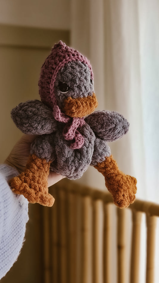Handmade Crochet dark blue grey duck with purple bonnet plushie | Periwinkle Picnic