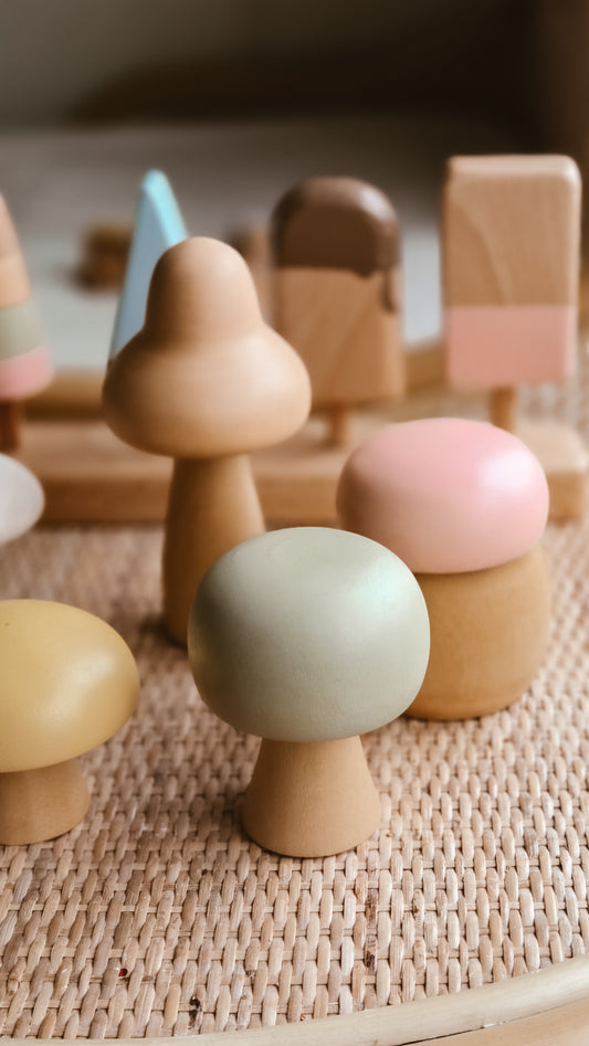 Wooden Mushroom Set | Handcrafted Wood | Pastel Collection