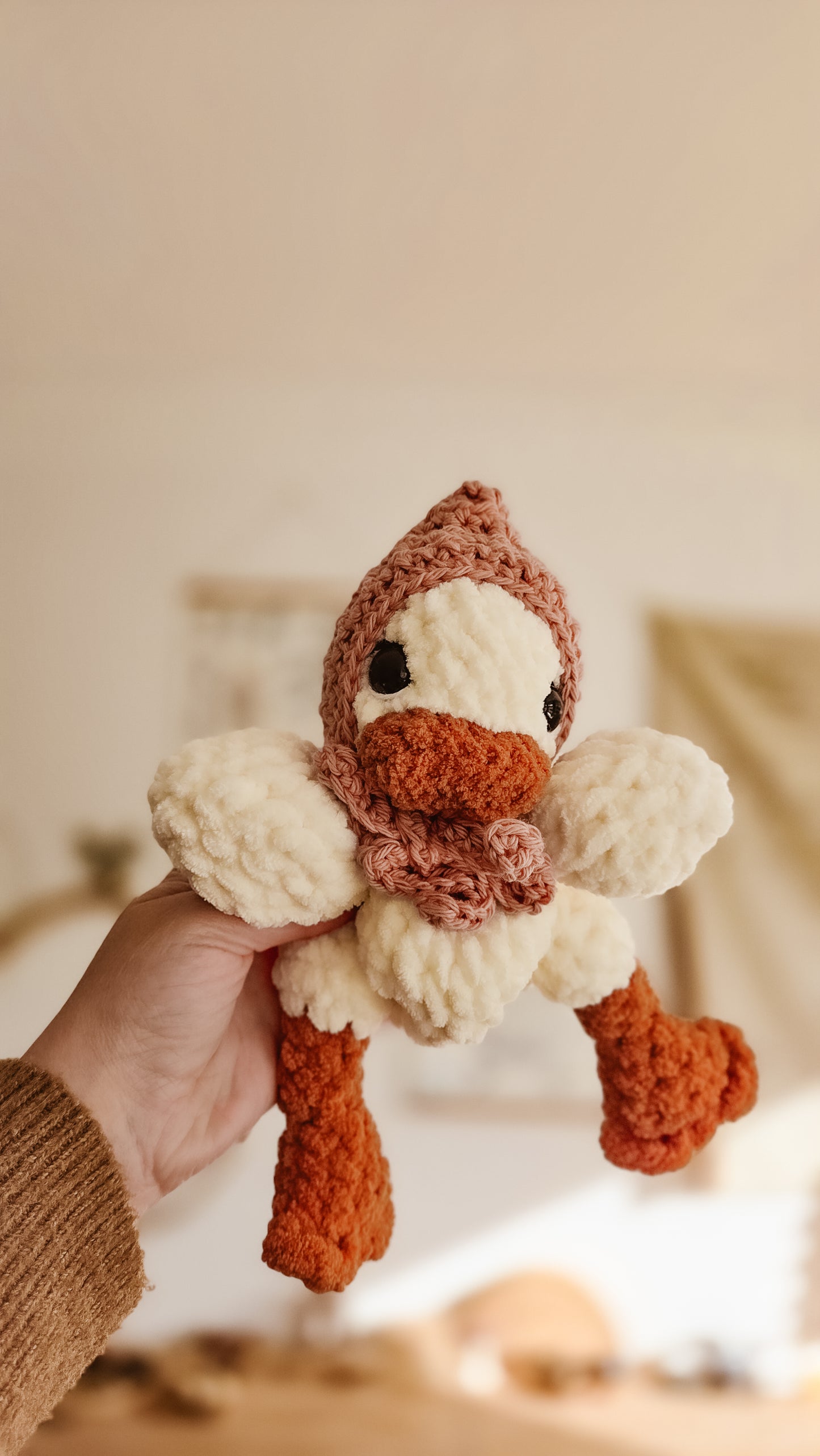 Handmade Crochet cream duck with pink bonnet plushie | Pastel Collection