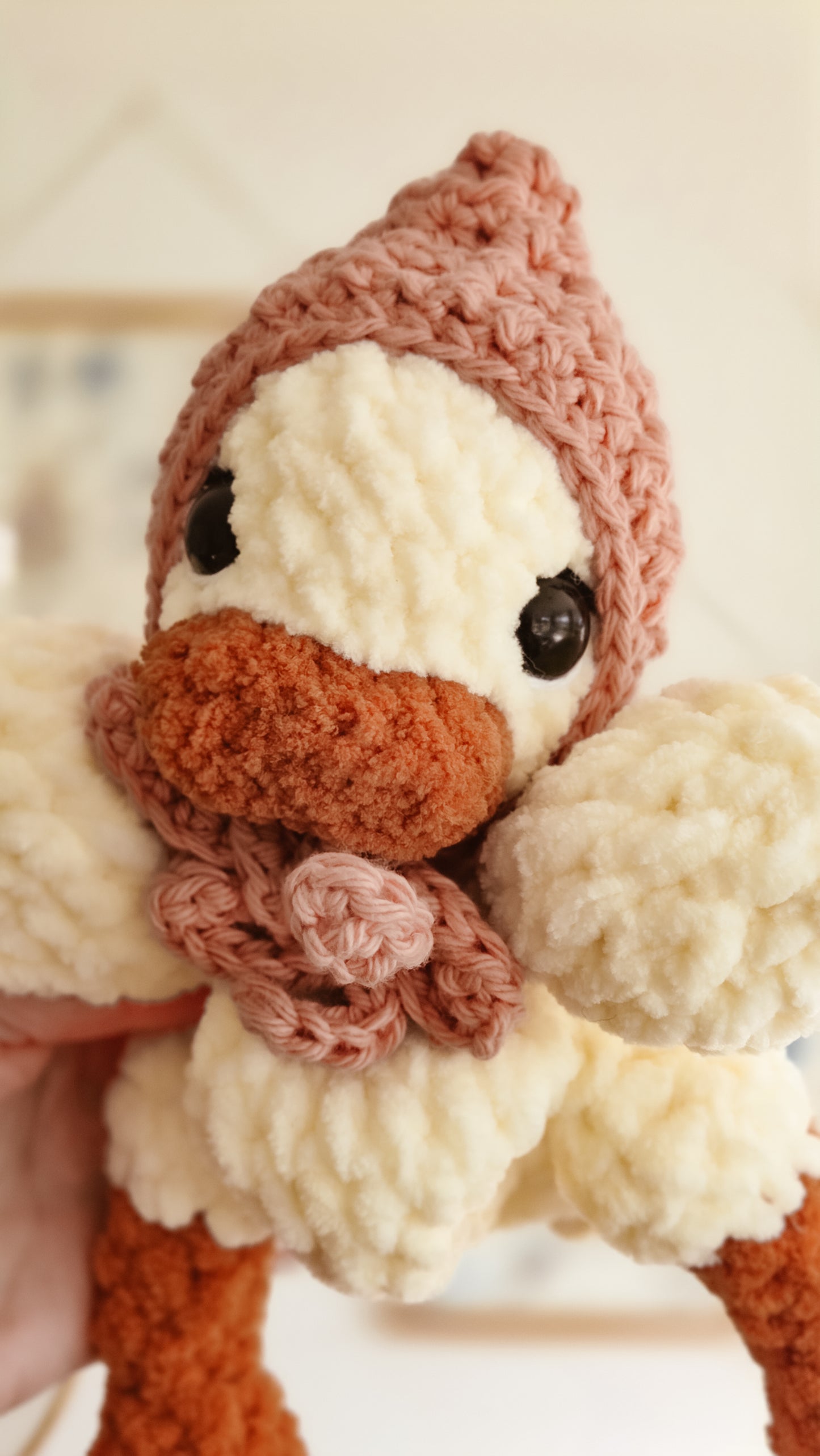 Handmade Crochet cream duck with pink bonnet plushie | Pastel Collection