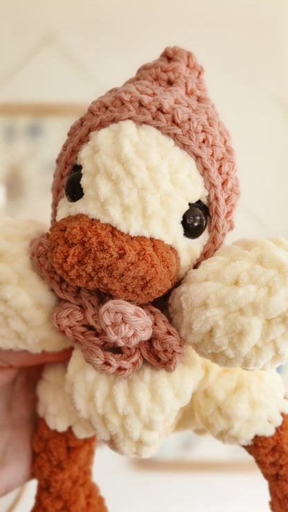 Handmade Crochet cream duck with pink bonnet plushie | Pastel Collection