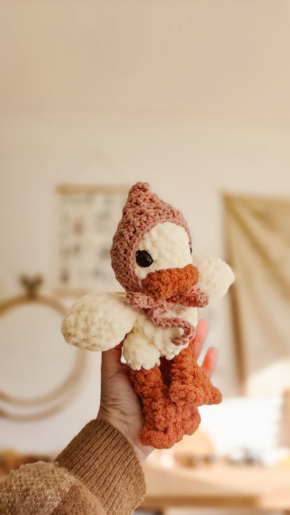 Handmade Crochet cream duck with pink bonnet plushie | Pastel Collection