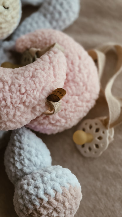Pink Bouclé Moon Pacifier Chain – Handmade Dummy Chain in Soft Pink