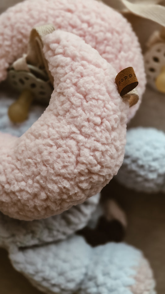 Pink Bouclé Moon Pacifier Chain – Handmade Dummy Chain in Soft Pink