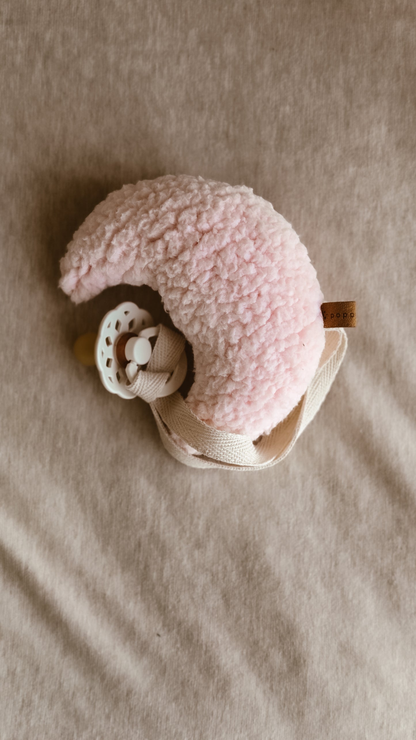 Pink Bouclé Moon Pacifier Chain – Handmade Dummy Chain in Soft Pink