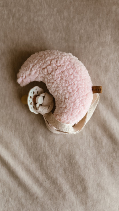 Pink Bouclé Moon Pacifier Chain – Handmade Dummy Chain in Soft Pink