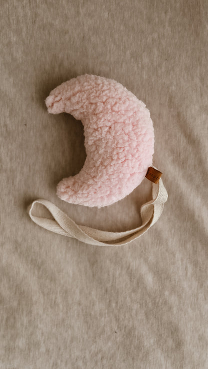 Pink Bouclé Moon Pacifier Chain – Handmade Dummy Chain in Soft Pink
