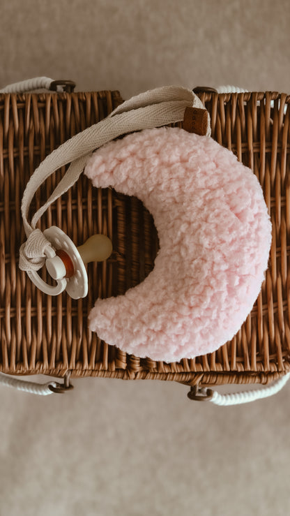 Pink Bouclé Moon Pacifier Chain – Handmade Dummy Chain in Soft Pink